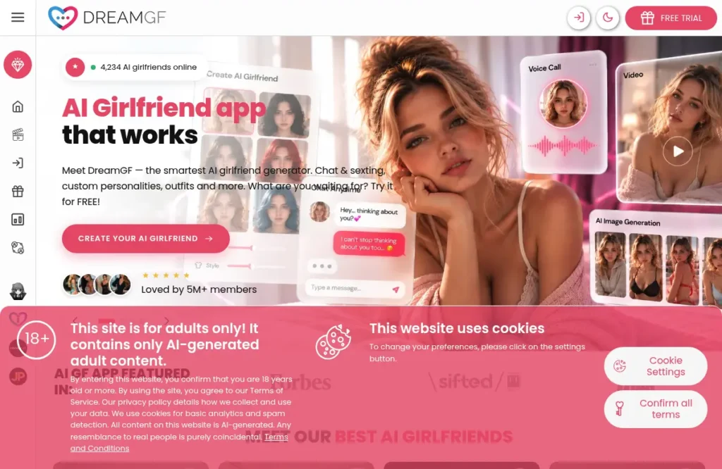 DreamGF · Kuvakaappaukset palvelun julkisilta sivuilta