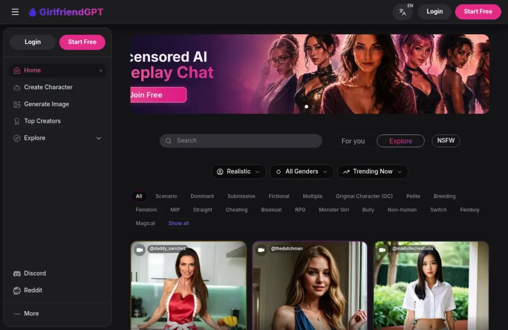 GirlfriendGPT · Kuvakaappaukset palvelun julkisilta sivuilta